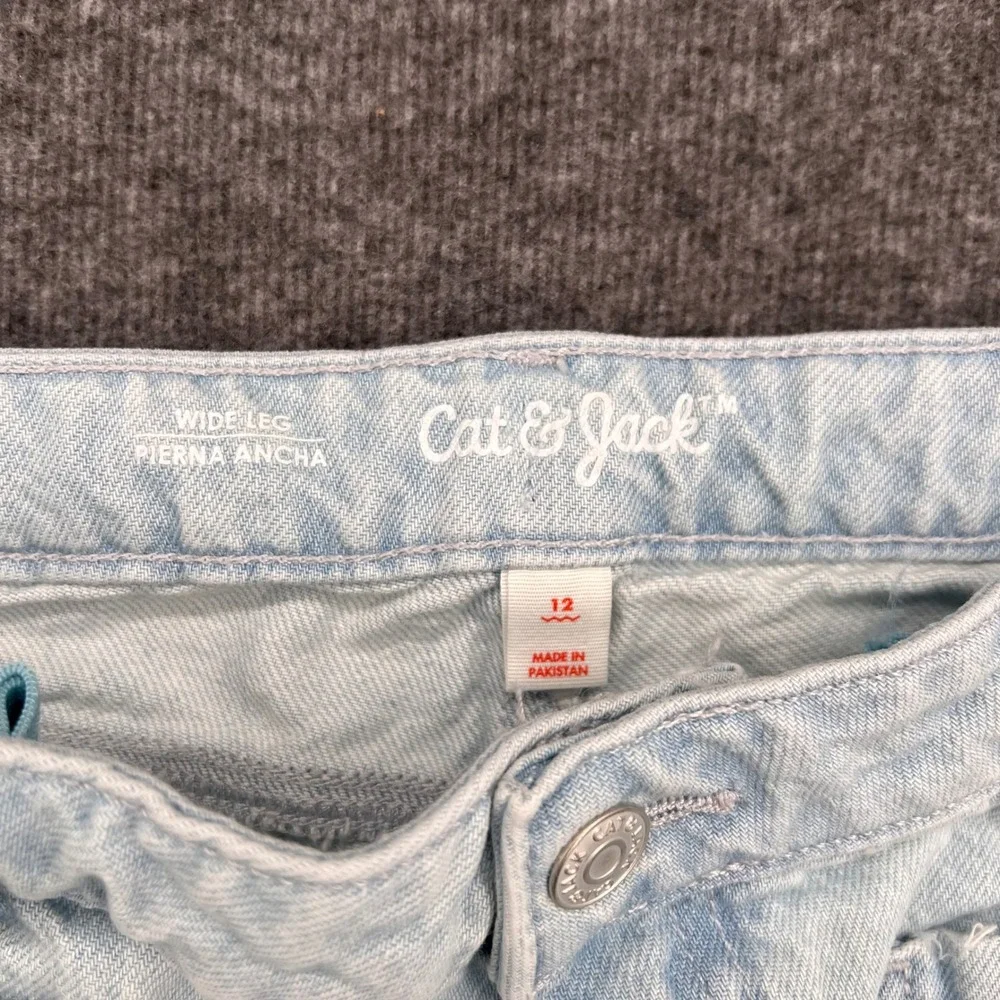 Cat & Jack Kids Girls Wide Leg Jeans Light Wash Blue Size 12 Adjustable Waist